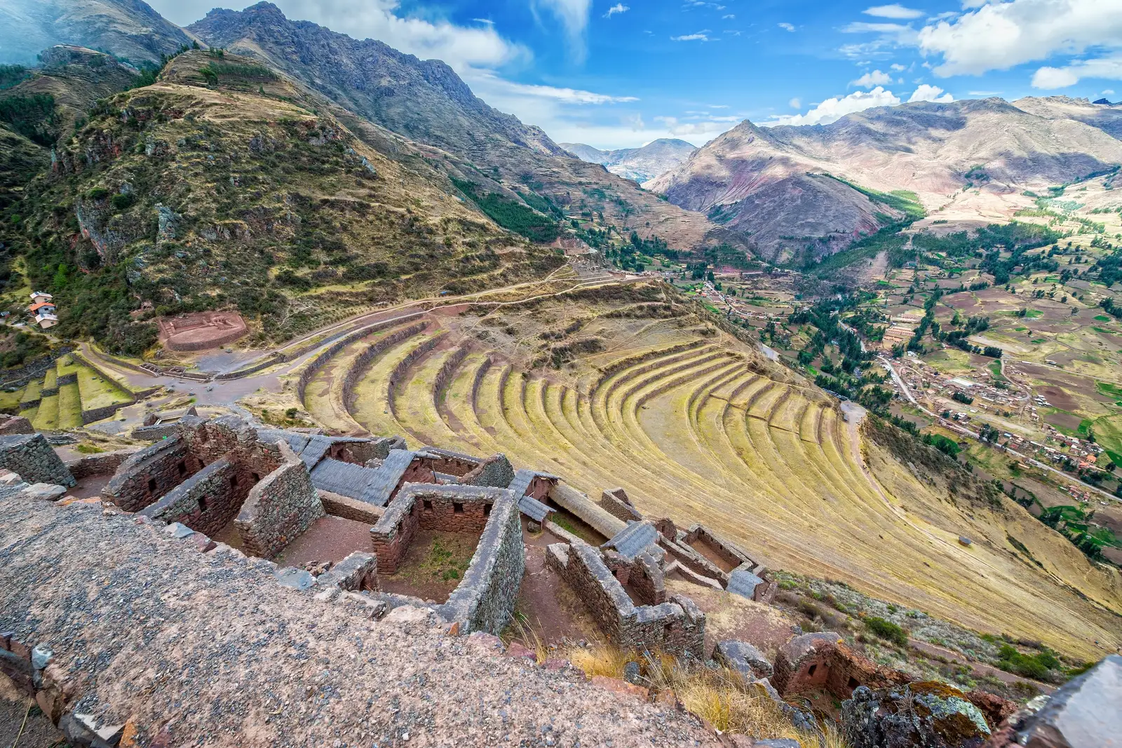 Inca agricultural terraces on a hillside in the Sacred Valley